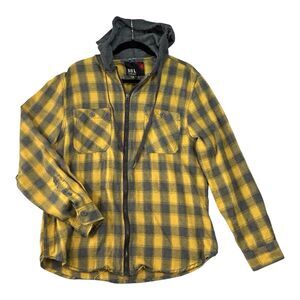 DRL Drill Clothing Men’s L Flannel Shirt Hoodie Yellow Plaid Full Zip Shacket